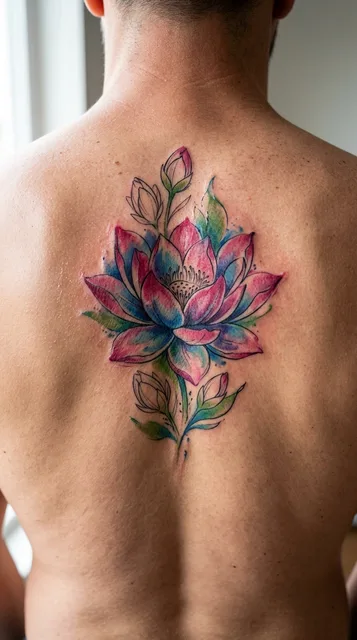 Color watercolor lotus tattoo on a man's back