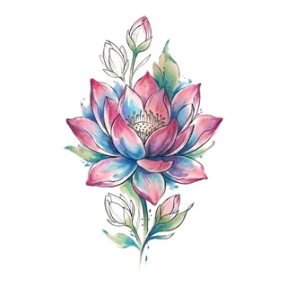 Color watercolor lotus tattoo design, drawn flat for a back tattoo