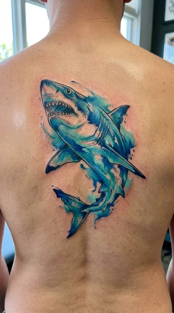Color watercolor shark tattoo on a man's back