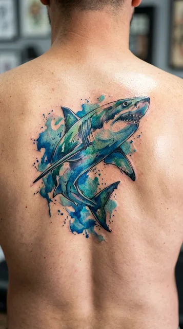Color watercolor shark tattoo on a man's back