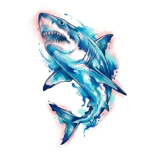 Color watercolor shark tattoo design, drawn flat for a back tattoo