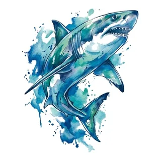 Color watercolor shark tattoo design, drawn flat for a back tattoo