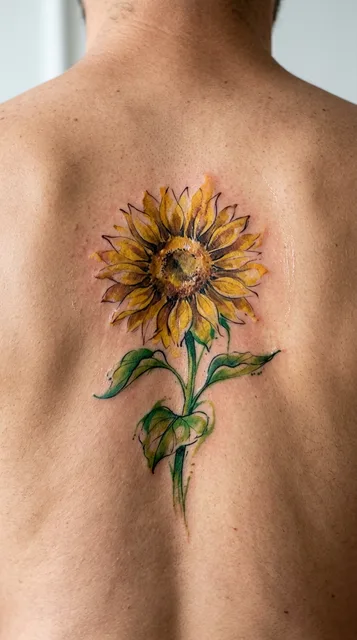 Color watercolor sunflower tattoo on a man's back