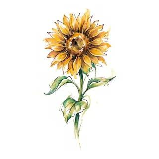 Color watercolor sunflower tattoo design, drawn flat for a back tattoo