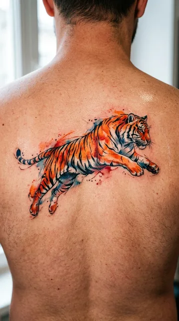 Color watercolor tiger tattoo on a man's back (1 of 2)