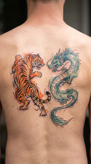 Color watercolor tiger tattoo on a man's back (2 of 2)