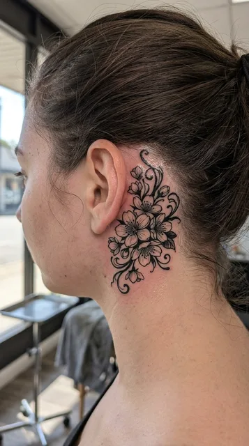 Black and white blackwork cherry blossom tattoo behind a woman's ear