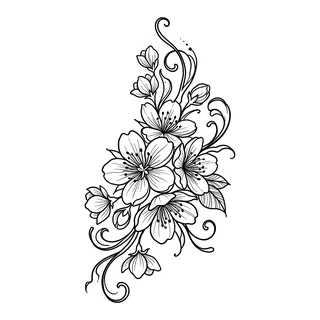 Black and white blackwork cherry blossom tattoo design, drawn flat for a tattoo behind the ear