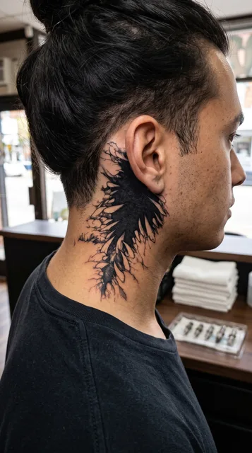 Black and white blackwork hole tattoo behind a man's ear