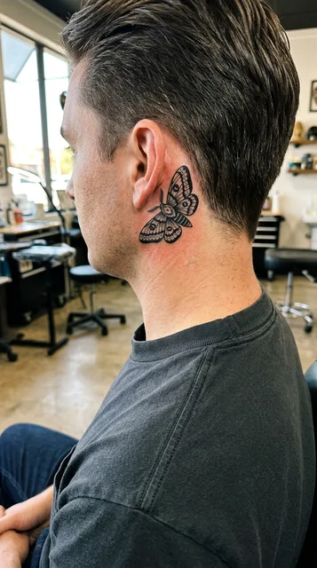Black and white blackwork moth tattoo behind a man's ear