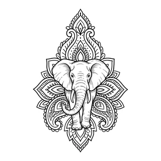 Black and grey illustrative elephant tattoo design, drawn flat for a tattoo behind the ear