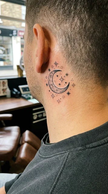 Black and grey illustrative moon tattoo behind a man's ear