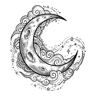 Black and grey illustrative moon tattoo design, drawn flat for a tattoo behind the ear