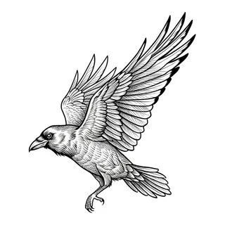 Black and grey illustrative raven tattoo design, drawn flat for a tattoo behind the ear