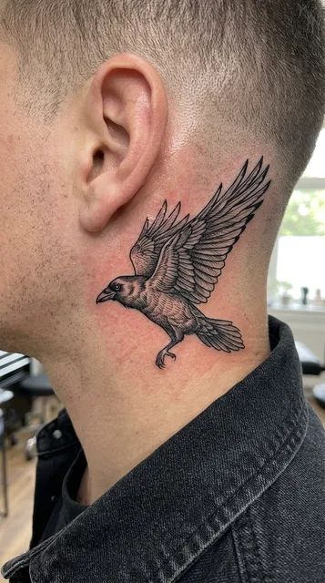 Black and grey illustrative raven tattoo behind a man's ear