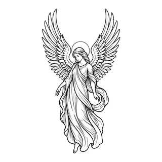 Black and white linework angel tattoo design, outline stencil for a tattoo behind the ear