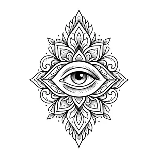 Black and grey ornamental eye tattoo design, drawn flat for a tattoo behind the ear