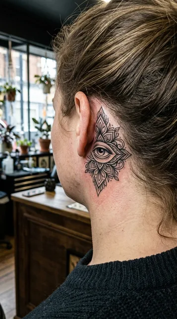 Eye tattoo on the behind the ear
