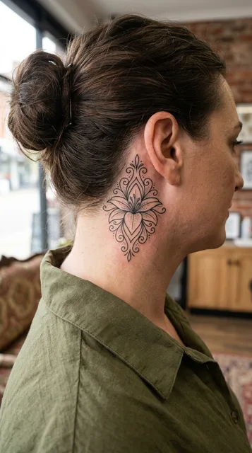 Black and grey ornamental lily tattoo behind a woman's ear