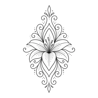 Black and grey ornamental lily tattoo design, drawn flat for a tattoo behind the ear