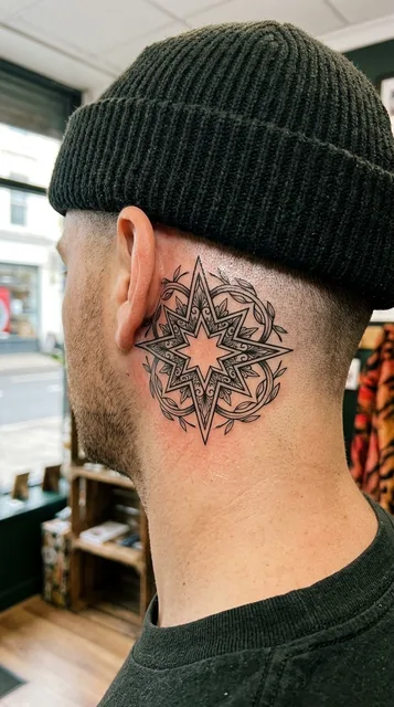 Black and grey ornamental star tattoo behind a man's ear