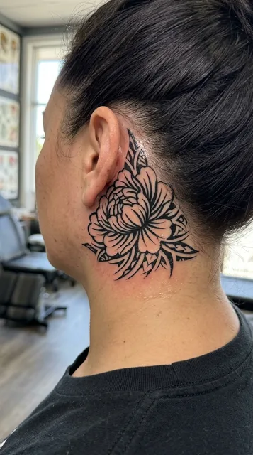Black and white tribal flower tattoo behind a woman's ear