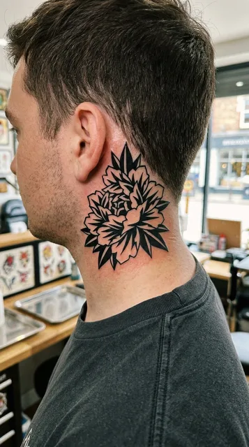 Black and white tribal flower tattoo behind a man's ear