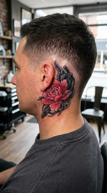 Color biomechanical flower tattoo behind a man's ear