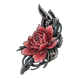 Color biomechanical flower tattoo design, drawn flat for a tattoo behind the ear
