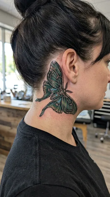 Color biomechanical moth tattoo behind a woman's ear