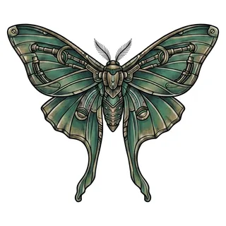 Color biomechanical moth tattoo design, drawn flat for a tattoo behind the ear