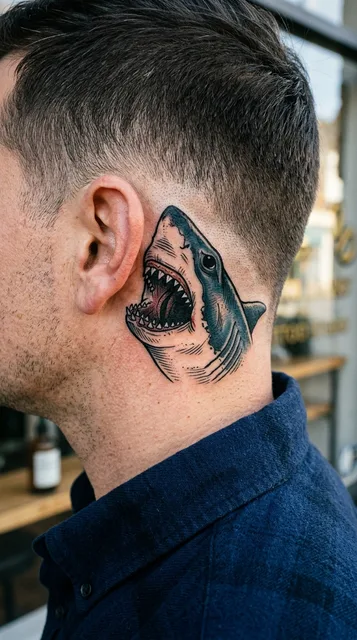 Color illustrative shark tattoo behind a man's ear