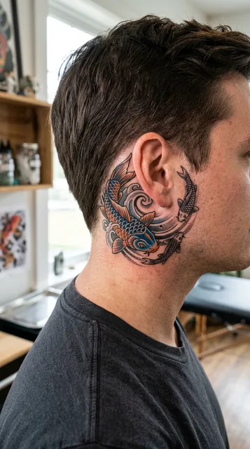 Color Japanese koi fish tattoo behind a man's ear