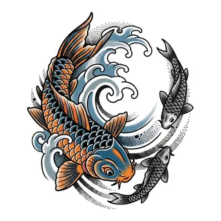 Color Japanese koi fish tattoo design, drawn flat for a tattoo behind the ear