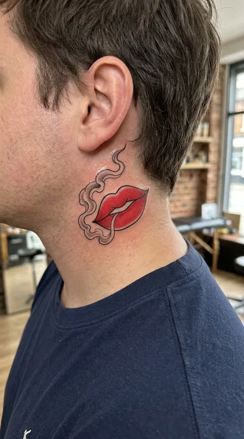 lips tattoo on the behind the ear