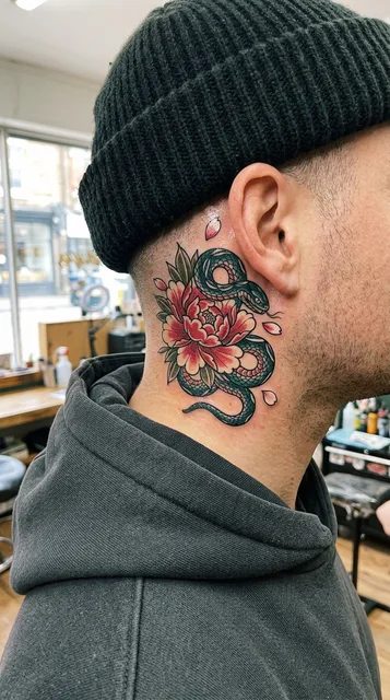 Color Japanese snake flower tattoo behind a man's ear