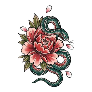 Color Japanese snake flower tattoo design, drawn flat for a tattoo behind the ear