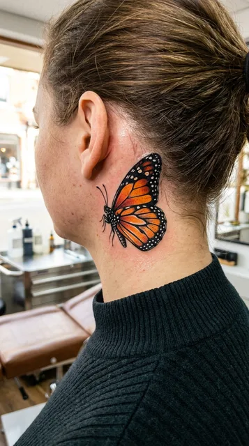 Color neo traditional butterfly tattoo behind a woman's ear