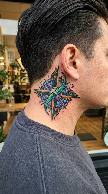 Color new school compass tattoo behind a man's ear