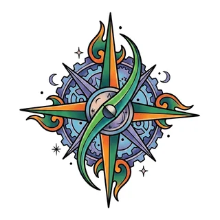 Color new school compass tattoo design, drawn flat for a tattoo behind the ear