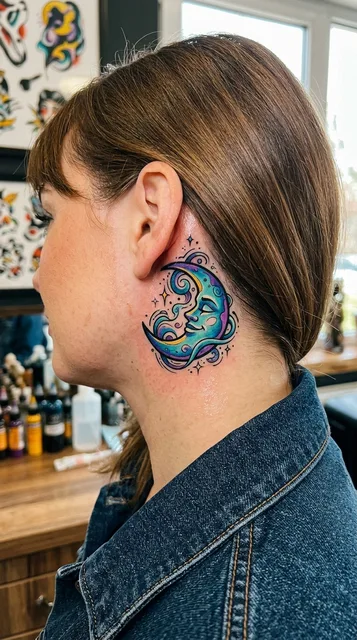Color new school moon tattoo behind a woman's ear