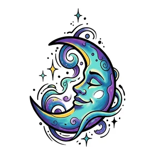 Color new school moon tattoo design, drawn flat for a tattoo behind the ear