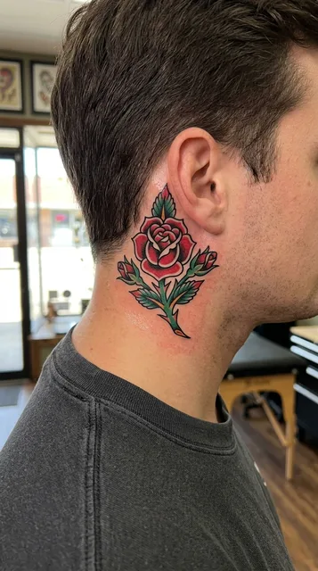 Color traditional rose tattoo behind a man's ear