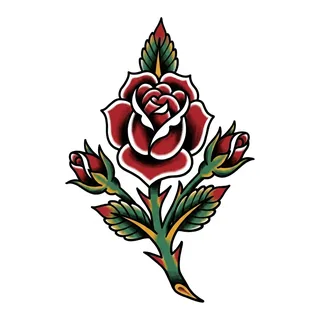 Color traditional rose tattoo design, drawn flat for a tattoo behind the ear