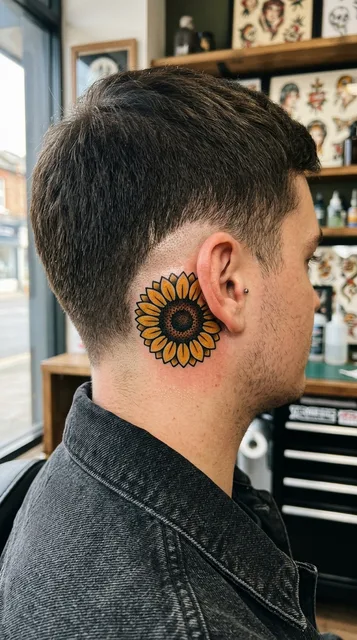 Sunflower tattoo on the behind the ear