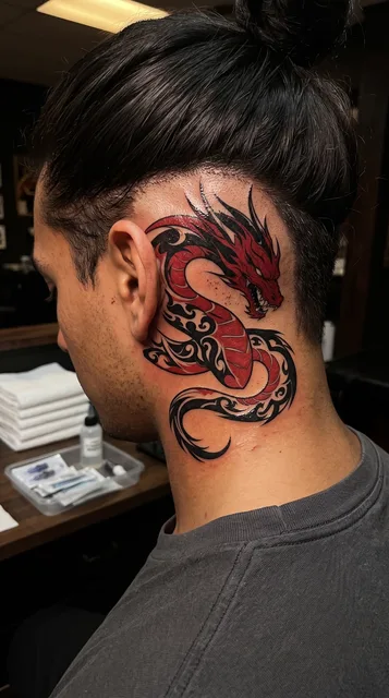 Color tribal dragon tattoo behind a man's ear