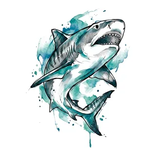 Color watercolor shark tattoo design, drawn flat for a tattoo behind the ear