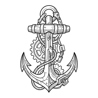 Black and grey biomechanical anchor tattoo design, drawn flat for a bicep tattoo