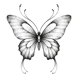 Black and grey dotwork butterfly tattoo design, drawn flat for a bicep tattoo
