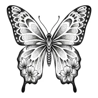 Black and grey dotwork butterfly tattoo design, drawn flat for a bicep tattoo